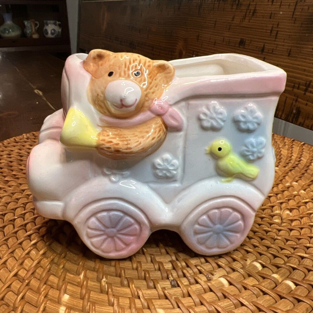 Vintage Ceramic Planter Teddy Bear Train Pastel Nursery Baby Room Decor Taiwan